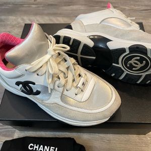 Chanel CC Logo Sneaker Calfskin Fabric Sneakers (White,Silver, Fluo Pink)